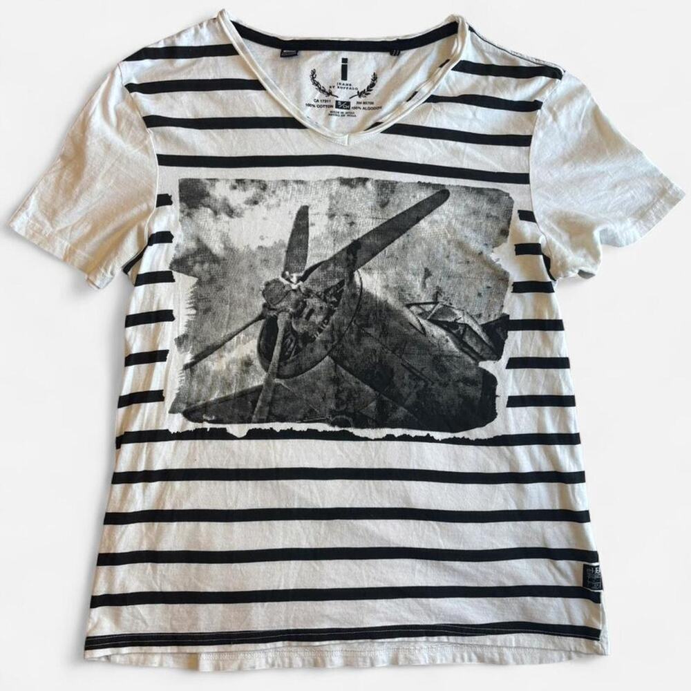 i JEANS BY BUFFALO Unisex S T-Shirt V-Neck Cotton Striped Black and White